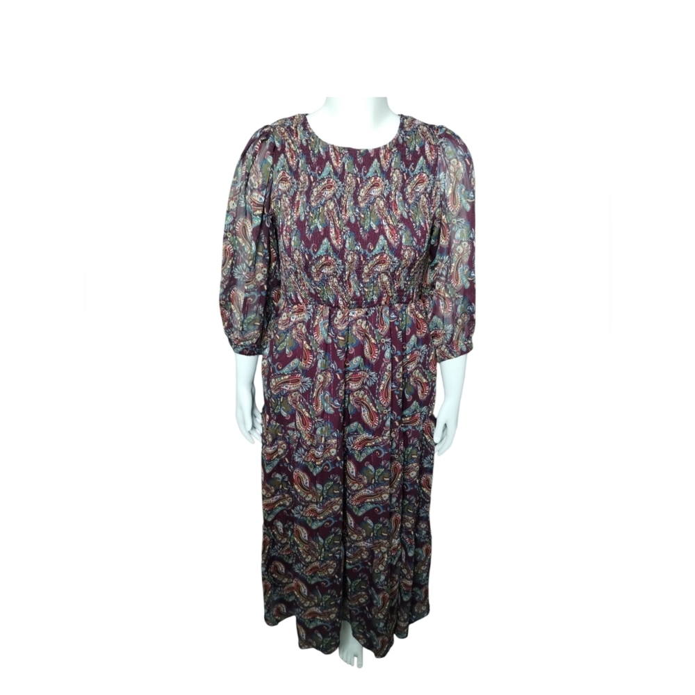 Melloday Women's Medium Paisley Smocked Metallic Tiered Cottagecore Midi‎ Dress